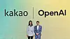 Kakao CEO Chung Shin-a, left, and OpenAI founder Sam Altman pose for a photo at the Kakao's press event held in central Seoul on Feb. 4. [YONHAP]