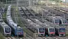 Subway cars are lined up at Korea Railroad’s Guro Train Office in Guro District, western Seoul. The Seoul Transit Corporation Labor Union said workers will go on strike from Tuesday morning if no agreement is reached with Seoul Metro during final negotiations Monday night. [NEWS1]