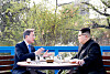 President Moon Jae-in, left, and North Korean leader Kim Jong-un hold one-on-one talks on a footbridge in the truce village of Panmunjom on April 27, 2018. [YONHAP]