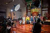 The band Leenalchi dressed in different designers' latest collections, sits down for an interview at the National Museum of Korea behind a backdrop featuring ilwolobongdo, the famous depiction of the sun, moon and five peaks that symbolize power and eternity, which was placed behind the king’s thrones of the Joseon Dynasty (1392-1910). [SEOUL METROPOLITAN GOVERNMENT]