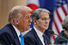 U.S. President Donald Trump, with U.S. Treasury Secretary Scott Bessent, right, speaks during a talk with President Lee Jae Myung, unseen in this photo, at the Gyeongju National Museum in Gyeongju, North Gyeongsang, on Oct. 29. [AP/YONHAP]
