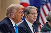 U.S. President Donald Trump, with U.S. Treasury Secretary Scott Bessent, right, speaks during a talk with President Lee Jae Myung, unseen in this photo, at the Gyeongju National Museum in Gyeongju, North Gyeongsang, on Oct. 29. [AP/YONHAP]