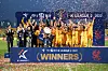 Gwangju FC players and staff celebrate their K League 2 regular season win after beating Gyeongnam on Sunday at Gwangju Football Stadium in Gwangju. [YONHAP]