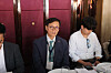 Bank of Korea Gov. Rhee Chang-yong, center, speaks during a meeting with reporters in Marrakesh, Morocco, on Oct. 11, 2023. [JOINT PRESS CORPS]