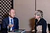 Former UN Secretary General Ban Ki-moon, left, and Jill Tiefenthaler, CEO of the National Geographic Society, discuss the climate crisis during a luncheon meeting at the Westin Josun Hotel in central Seoul on Oct. 17. [JANG JIN-YOUNG]