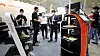 Food-serving robots on display at the Hotel Show 2020 held at Coex in southern Seoul, Tuesday. This year, the exhibition featured a booth dedicated to quarantine technologies including automatic sanitizing entryways as the coronavirus pandemic is changing the hotel industry. [YONHAP]
