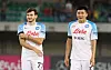 Napoli's Khvicha Kvaratskhelia, left, and Kim Min-jae celebrate the victory at the end of a Serie A match against Hellas Verona on Aug. 15. [EPA/YONHAP]