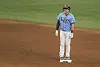 Tampa Bay Rays' Choi Ji-man smiles at second base after hitting an RBI-double off New York Mets reliever Edwin Diaz during the eighth inning in St. Petersburg, Florida on Sunday. [AP/YONHAP]