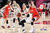 Kang Lee-seul of the Cheongju KB Stars, center, plays the ball during a match against Busan BNK Sum on Monday at Sajik Indoor Gymnasium in Busan. The KB Stars eventually lost 69-60, extending their losing streak to seven matches. The defending champions have been struggling since the start of the season as they are playing without star player and reigning WKBL MVP Park Ji-su.  [WKBL]