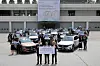 From left, Thomas Klein, CEO of Mercedes-Benz Korea, Lee Sung-joon, chairman of Hill of Love, and Lee Hoon-kyu, chairman of Future for Youth Foundation pose for a photo at a ceremony delivering 20 EQB EVs to 20 local social welfare organizations in Yongin, Gyeonggi on Monday. [MERCEDES-BENZ KOREA]
