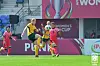 Cho So-hyun, right, plays the ball against Australia in the quarterfinals of the Asian Cup on Sunday at Shree Shiv Chhatrapati Sports Complex in Pune, India. [NEWS1]