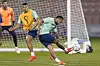 Brazil's Neymar, right, and Thiago Silva practice during a training session at the Grand Hamad stadium in Doha, Qatar on Sunday, Dec. 4, 2022. Brazil will face Korea in a World Cup round of 16 match on Monday. [AP/YONHAP]