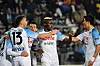Napoli's Victor Osimhen, center, celebrate with Kim Min-jae, right, after Empoli's defender Ardian Ismajli scored an own goal during a Serie A match in Empoli, Italy on Saturday. [AFP/YONHAP]