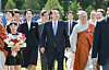 President Yoon Suk Yeol, center, and first lady Kim Keon Hee, second from left, attend a ceremony marking the return of rare 14th-century Buddhist relics from the United States to Korea in Yangju, Gyeonggi on Sunday. [JOINT PRESS CORPS]