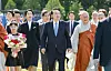 President Yoon Suk Yeol, center, and first lady Kim Keon Hee, second from left, attend a ceremony marking the return of rare 14th-century Buddhist relics from the United States to Korea in Yangju, Gyeonggi on Sunday. [JOINT PRESS CORPS]