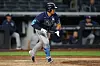 Tampa Bay Rays pinch hitter Choi Ji-man runs out an RBI infield single against the New York Yankees during the seventh inning at Yankee Stadium on Wednesday. [USA TODAY/YONHAP]