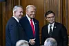 Speaker of the Northern Ireland Assembly Edwin Poots, left, poses with U.S. President Donald Trump, center, and Speaker of the House Mike Johnson, right, at the Friends of Ireland Luncheon at the U.S. Capitol in Washington DC, on March 12. [EPA/POOL/YONHAP]