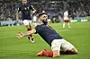 Olivier Giroud of France celebrates his goal during a round of 16 match between France and Poland at the 2022 FIFA World Cup at Al Thumama Stadium in Doha, Qatar on Sunday. [XINHUA/YONHAP]
