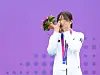 Kim Sun-woo reacts on the podium after winning silver in the women's individual modern pentathlon at the Hangzhou Asian Games in Hangzhou, China on Sunday. Kim's medal was Korea's first of the tournament. [YONHAP]