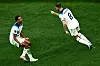 Jordan Henderson, right, celebrates scoring his team's first goal with midfielder Jude Bellingham during a round of 16 match between England and Senegal at the 2022 FIFA World Cup at Al Bayt Stadium in Al Khor, Qatar on Sunday. [AFP/YONHAP]