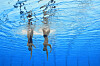 Byun Jae-jun and Kim Ji-hye of Korea compete in the artistic swimming mixed duet free preliminary round at the World Swimming Championships in Fukuoka, Japan on Friday. The Korean duo finished in 11th place, earning a spot in the final on Saturday.  [AP/YONHAP]
