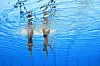 Byun Jae-jun and Kim Ji-hye of Korea compete in the artistic swimming mixed duet free preliminary round at the World Swimming Championships in Fukuoka, Japan on Friday. The Korean duo finished in 11th place, earning a spot in the final on Saturday. [AP/YONHAP]