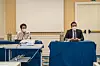 James Park, right, head of Samsung Biologics' global sales operation center, and Yang Eun-young, sales team leader at the global sales operation center, talk about the company's plans during a press conference Wednesday in Milan, Italy. [SAMSUNG BIOLOGICS]