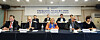 The European Chamber of Commerce in Korea (ECCK) held a press conference on Thursday in central Seoul with its chairperson Philippe Van Hoof, second from left in front, and the European Union's Ambassador to Korea Maria Castillo-Fernandez, center, in attendance. The chamber put forward 100 recommendations in 17 industries to the Korean government in its 2023 White Paper. [YONHAP]