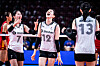 From left: Kang So-hwi, Lee Da-hyeon and Park Jeong-ah react during a Volleyball Nations League match against China on Sunday in Sofia, Bulgaria. [FIVB]