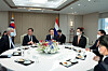 Korean and Dutch leaders and businessmen sit together during a meeting in the Yongsan presidential office ahead of a presidential summit on Thursday. From left: ASML CEO Peter Wennink, Dutch Prime Minister Mark Rutte, President Yoon Suk-yeol, Samsung Electronics Executive Chairman Lee Jae-yong and SK Chairman Chey Tae-won [OFFICE OF THE PRESIDENT REPUBLIC OF KOREA]