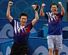 Ryu Seung-min, left, celebrates after winning the men's singles table tennis semifinal at the Olympics in Athens, Greece in 2004. [JOINT PRESS CORPS]