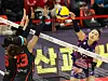 Heungkuk Life Insurance Pink Spiders' Kim Yeon-koung, right, attacks during a V League game against the Gwangju AI Peppers at Pepper Stadium in Gwangju on Sunday. [YONHAP]
