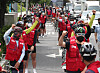 Professional cyclists rally during a ride through the streets of Guro District, southwestern Seoul, on Monday, calling on the Korea Sports Promotion Foundation to guarantee minimum livelihood for bicycle racers. They are suffering from financial difficulty as professional bicycle racing events have been suspended because of Covid-19 pandemic. [NEWS1]