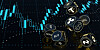 Neon dice show crypto symbols against a candlestick chart screen. [SHUTTERSTOCK]