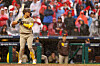 Kim Ha-seong of the San Diego Padres at bat during the seventh inning against the Philadelphia Phillies in Game 5 of the National League Championship Series at Citizens Bank Park in Philadelphia, Pennsylvania on Sunday.  [AFP/YONHAP]