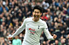 Tottenham Hotspur's Son Heung-min celebrates after scoring his team's second goal during a Premier League match against Leicester City at Tottenham Hotspur Stadium in London on Sunday. [AFP/YONHAP]