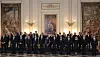 Korean President Yoon Suk-yeol, Japanese Prime Minister Fumio Kishida and other world leaders pose for a photo at a dinner hosted by King Felipe VI and Queen Letizia of Spain at the royal palace in Madrid on Tuesday evening. [JOINT PRESS CORPS]
