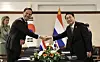Korean President Yoon Suk-yeol, right, poses for a photo with Dutch Prime Minister Mark Rutte in a hotel in Madrid on Wednesday on the sidelines of the NATO Summit. [JOINT PRESS CORPS]
