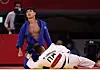 An Ba-ul reacts after beting Italy's Manuel Lombardo to win bronze in the men's 66 kilogram event at the 2020 Tokyo Olympics. [YONHAP]