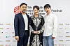From left, director He Shuming, actors Hong Huifang and Kang Hyung-seok pose for a photo at a local press event at the Busan Visual Industry Center on Friday. [BIFF]