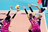 Suwon Hyundai Engineering & Construction Hillstate's Yaasmeen Bedart-Ghaniat, right, spikes the ball against the Incheon Heungkuk Life Pink Spiders at Samsan Stadium in Incheon on Friday. [YONHAP]