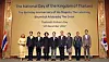 Ambassador of Thailand to Korea Witchu Vejjajiva, fourth from right, and Korea's Minister of Patriots and Veterans Affairs Park Min-shik, fifth from right, celebrate the National Day of Thailand, the birthday anniversary of former King Bhumibol Adulyadej, and Thailand's Father's Day at the Lotte Hotel Seoul on Thursday. [PARK SANG-MOON]