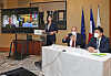 French Ambassador to Korea Philippe Lefort, second from right, and Cha Sung-soo, president and CEO of Korea Radioactive Waste Agency, far right, discuss French and Korean experiences in nuclear or radioactive waste disposal at a forum organized by the embassy at the French diplomatic residence in Seoul on Wednesday. Joining the forum virtually were experts from relevant institutes in France, including Orano, EDF and Andra. [PARK SANG-MOON]