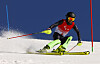 Hwang Min-gyu competes in the slalom race during the men's super combined visually impaired event at the 2022 Winter Paralympics in Yanqing, Beijing on Monday. [REUTERS/YONHAP]