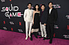 From left, Lee Jung-jae, Hoyeon, Hwang Dong-hyuk and Park Hae-soo arrive at a red carpet event for ″Squid Game″ on Monday, Nov. 8, 2021, at NeueHouse Hollywood in Los Angeles. [AP]