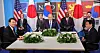 From left, President Yoon Suk-yeol, U.S. President Joe Biden and Japanese Prime Minister Fumio Kishida hold a trilateral summit on the sidelines of a NATO gathering at the IFEMA Convention Center in Madrid Wednesday afternoon. [JOINT PRESS CORPS]