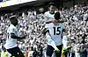 Tottenham Hotspur's Son Heung-min celebrates with Eric Dier and Ryan Sessegnon after Dier scored the club's second goal in a game against Southampton at Tottenham Hotspur Stadium in London on Saturday. [REUTERS/YONHAP]