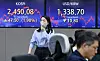 Screens in Hana Bank's trading room in central Seoul show the Kospi closing at 2,450.08 points on Wednesday, up 1.98 percent, or 47.50 points, from the previous trading session. [NEWS1]