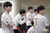 The Hanwha Life Esports' League of Legends team discuss tactics at their training facility. [HANWHA LIFE ESPORTS]