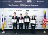 From left, Son Jin, head of the infrastructure division at Hanyang Asset; James Kim, chairman and CEO of the American Chamber of Commerce in Korea (Amcham); Choi Jeong-hoon, CEO of Yido; and Yoon Hye-young, head of infrastructure investment at NH Investment & Securities, take a commemorative photo at the 'Buy America' MOU Signing Ceremony on March 13. [AMERICAN CHAMBER OF COMMERCE IN KOREA]